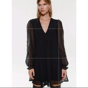 Zara Black Dotted Chiffon Mini Dress V-neck Long Sleeve Fit And Flare Size XS